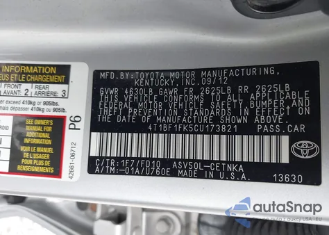 2012 Toyota Camry Le z USA, uszkodzony, nr VIN 4T1BF1FK5CU173821